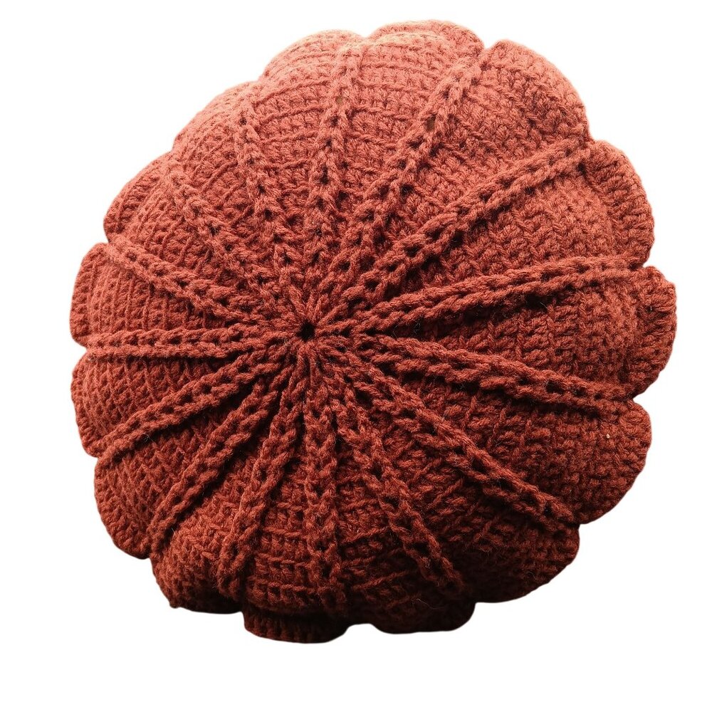Handmade Vintage Crocheted Round Cushion Multicolor Autumn Tones Textured Scallo - Picture 2 of 3